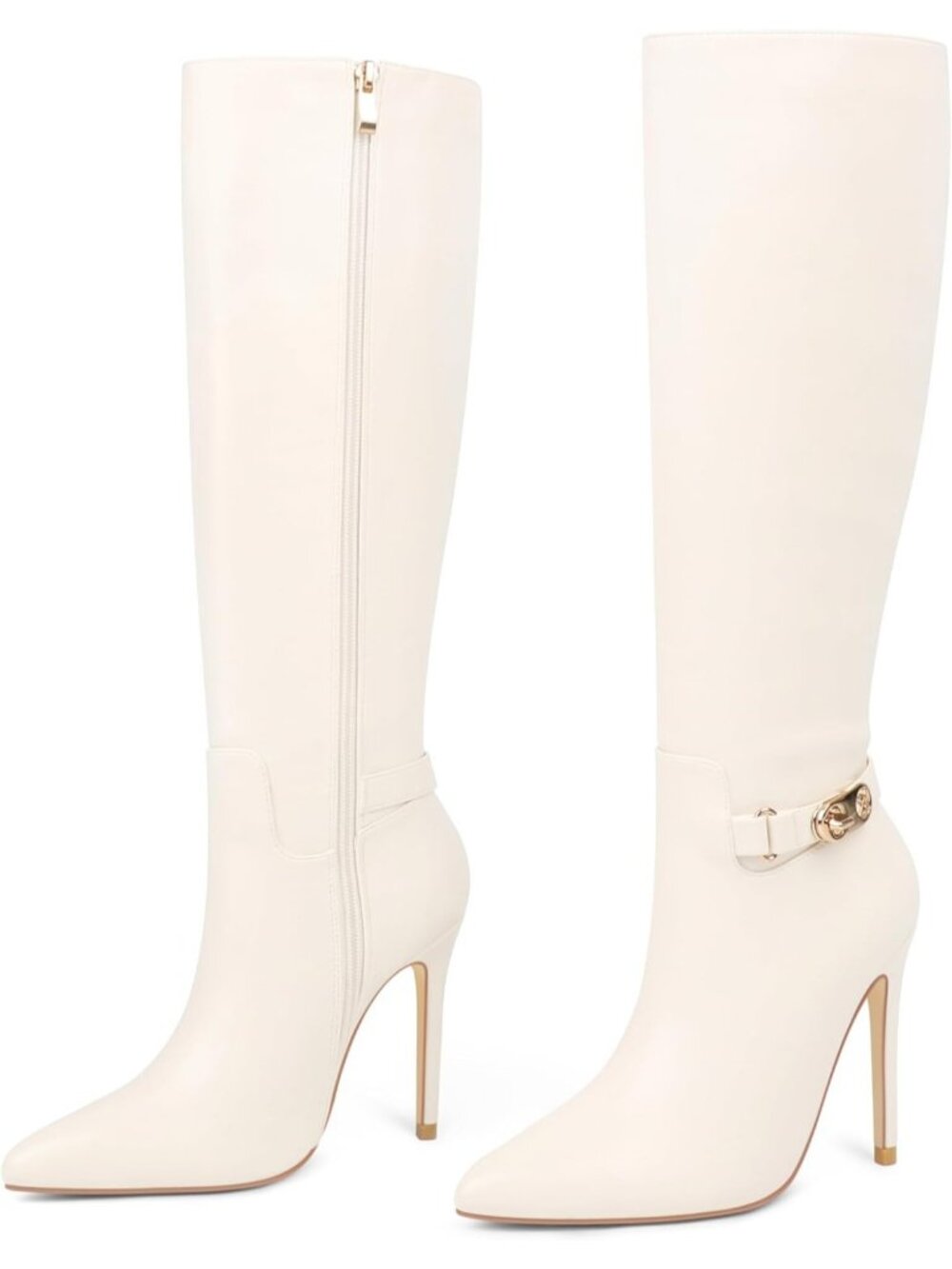 Women's Cream Faux Leather Pointed Toe Stiletto Fashionable Knee High Boots